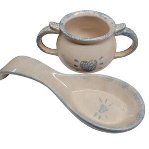 Loomco Blue Spongeware Heart Ceramic Sugar Bowl and Spoon Rest Set 90s Farmhouse